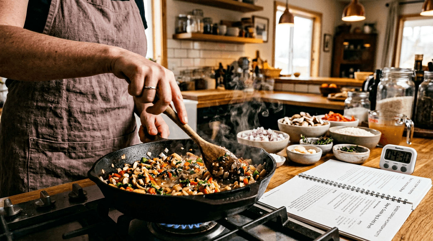 Person cooking step-by-step with a timer and recipe nearby