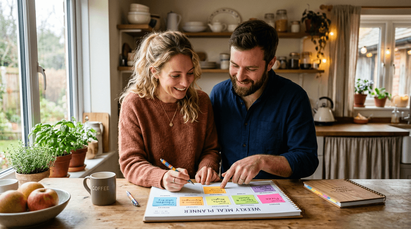 Couple planning weekly meals together at a kitchen table